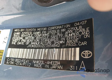 2007 Toyota Prius из США, поврежденный, VIN JTDKB20U277654842